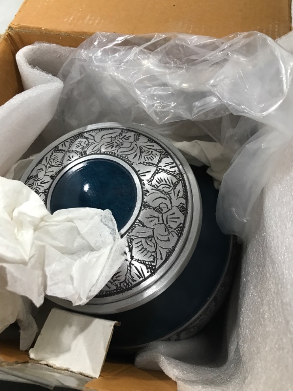 Photo 1 of GSM Brands Cremation Urn for Adult Human Ashes - Large Handcrafted Funeral Memorial with Striking Blue Design (Aluminum - 10 Inch Height x 7 Inch Width)
