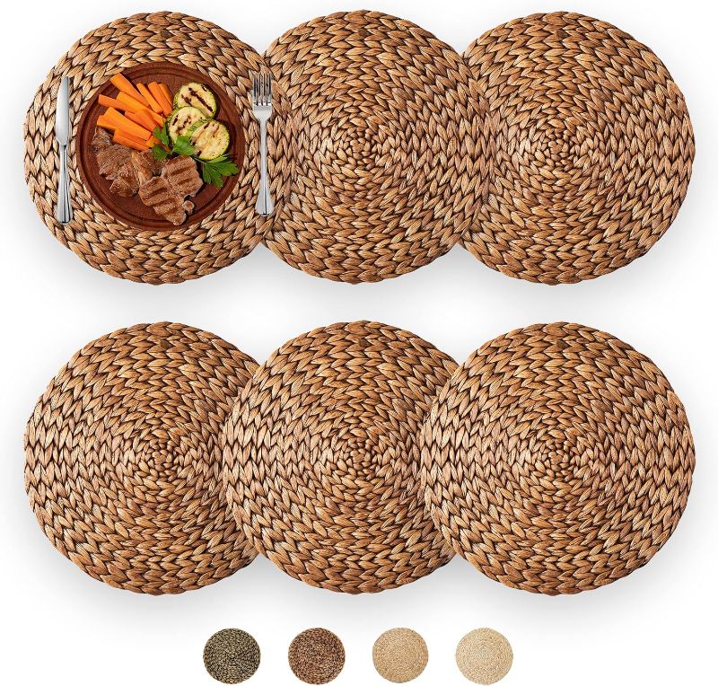 Photo 1 of 15" Decocoon Set of 6 Brown Wicker Placemats, Water Hyacinth Placemats, Rattan Chargers for Dinner Plates, Rattan Placemats, Seagrass Charger Plates, Woven Chargers, Boho Placemats, Table Mat