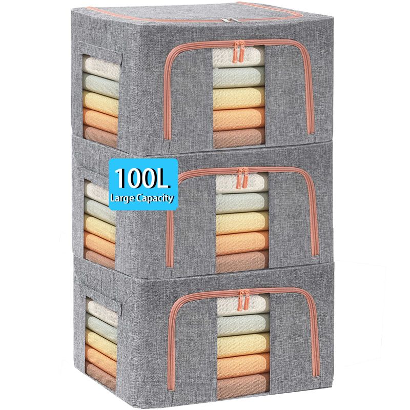 Photo 1 of 100L Large Clothes Storage Bags, Stackable Storage Bins with Hold Shape Metal Frame, Foldable Closet Organizer Storage Containers with Zipper, Clear Window, Durable Handles Thick Fabric Storage Box for Seasonal Clothing & Bedding (Gray) 100L Storage Suppl