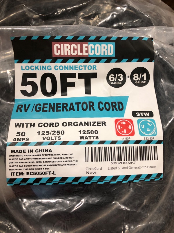 Photo 3 of CircleCord UL Listed 50 Amp 50 Feet RV / Generator Cord with Locking Connector, Heavy Duty 6/3+8/1 Gauge STW Wire, 14-50P Male and SS2-50R Twist Locking Female for RV Camper and Generator to House Blue 50 Amp 50 FT Locking