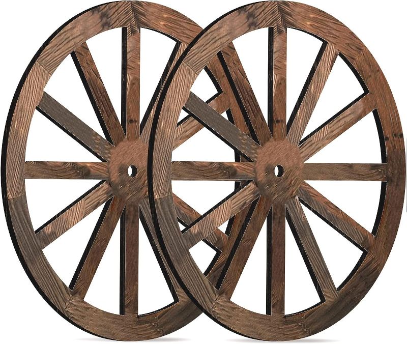 Photo 1 of 2 Pieces Wagon Wheel Decor Wooden Wagon Wheel Western Style Wall Hanging Old Wagon Wheels Vintage Rustic Wall Wood Cartwheel Decor Wood Decorative Garden Wagon Wheel for Bar Patio Garage (30 Inch) 