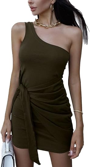 Photo 1 of ANDLCUY Women's Summer Fashion 2023 One Shoulder Ruched Bodycon Dresses Sexy Fitted Cocktail Party Dress SIZE S