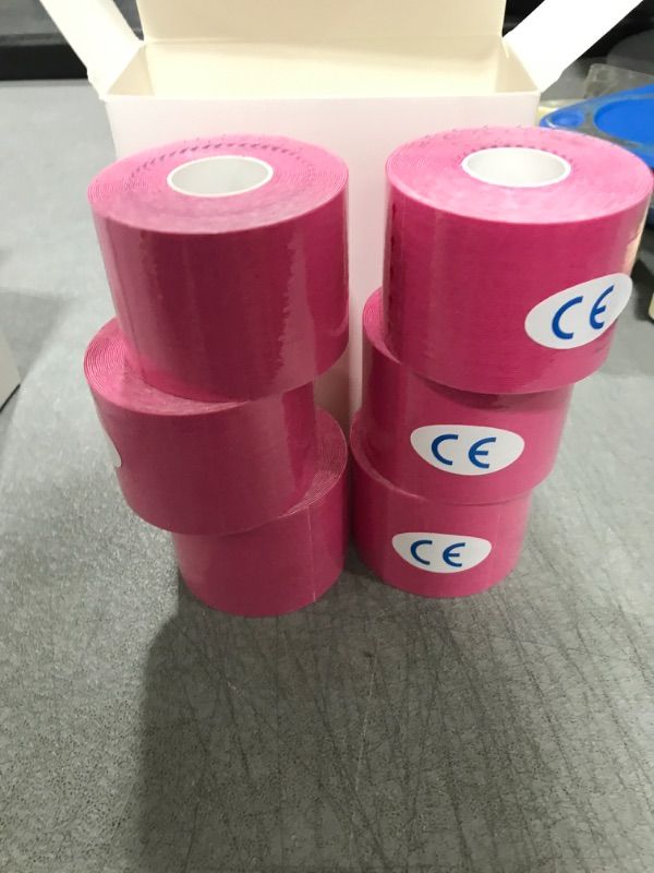 Photo 2 of 6 Pack of Waterproof Latex Free Kinesiology Recovery Tape 2 in x 16 ft Uncut Per Roll (Pink)