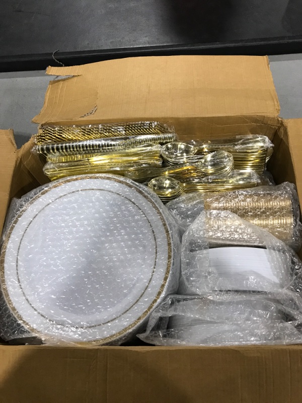 Photo 2 of 600pcs Gold Dinnerware Set for 100 Guest, Includes Gold Plastic Plates, Plastic Salad Plates, Gold Silverware Set and Plastic Cups - Disposable Plastic Plates Cutlery Set for Party Wedding Birthday