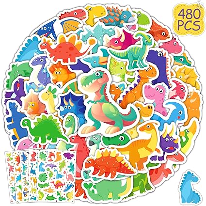 Photo 1 of Cute Dinosaur Stickers Pack - 480 PCS Water Bottles Stickers for Kids Boys Adults, Waterproof Vinyl Cute Dino Stickers Dinosaur Theme Party Supplies Gifts Decals for Kids Teens 