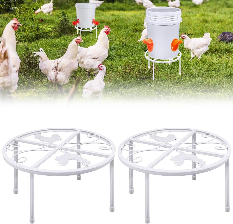 Photo 1 of 2 PCS Metal Stand for Chicken Feeder Waterer, Iron Stand Holder with 4 Legs, Round Supports Rack for Buckets Barrels Equipped Installed with Feeder Waterer Port, for Coop Poultry Indoor Outdoor?White? 