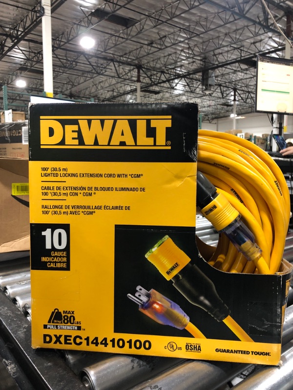 Photo 2 of DEWALT 100 Foot Extension CordLighted Click-to-Lock 10/3 SJTW -Heavy Duty Outdoor, Waterproof, Weatherproof, Heat & Corrosion Resistant Industrial Strength Light Up Three Prong Outlet Plug Power Cord 100 ft