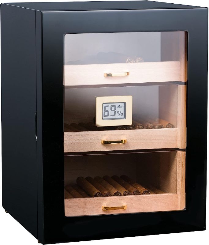 Photo 1 of Woodronic Handmade Cigar Humidor Cabinet for 100 to 150 Cigars with Digital Hygrometer, 2 Gel Humidifiers, 3 Larger Tray Drawers and Spanish Cedar Lining, Polished Piano Black, Gift for Fathers Polished Black 150 Count (Pack of 1)