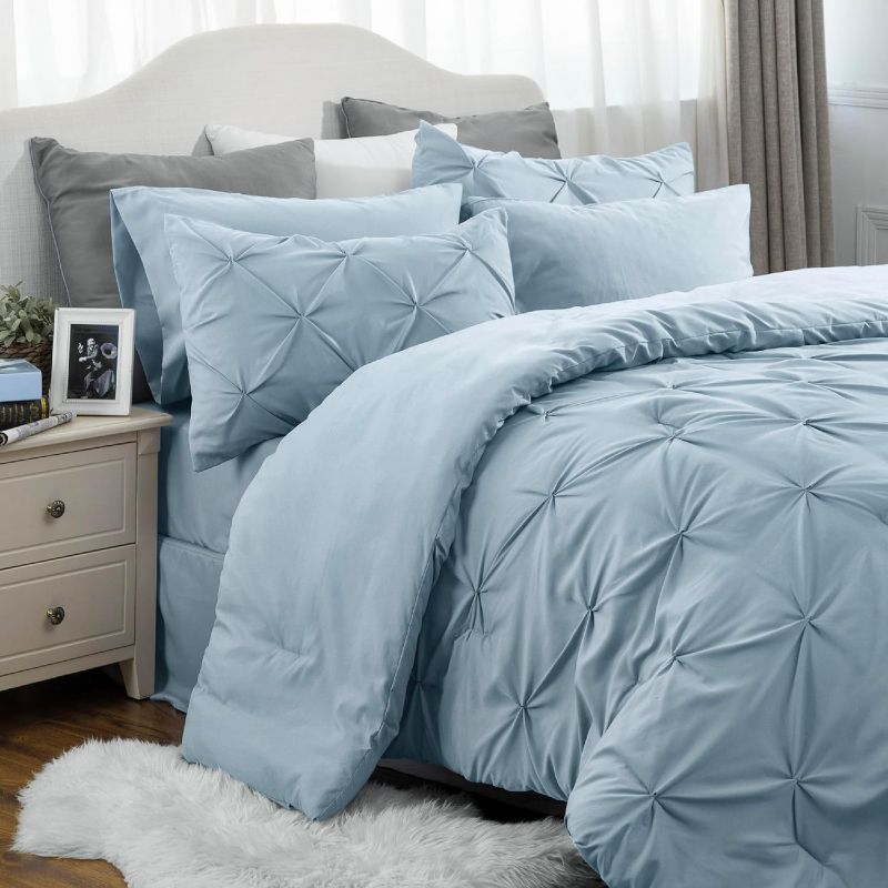 Photo 1 of  Blue Comforter Set Queen - Bed in a Bag Queen 7 Pieces, Pintuck Bedding Sets Light Blue Bed Set with Comforter