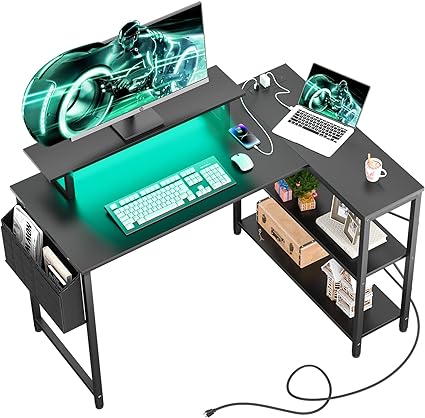 Photo 2 of Homieasy L Shaped Computer Desk with Storage File Drawer, Reversible Home Office Desk with Recessed Power Strip and Led Strip, Corner Gaming Desk Work Study Table with Monitor Stand, Black Oak https://a.co/d/j3VEl24