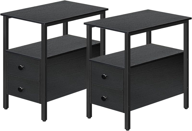 Photo 1 of HOOBRO End Table, Set of 2, Recliner Side Table with 2 Drawers and Open Shelves, Narrow Nightstand for Small Spaces, in Living Room, Bedroom, Wood Look Accent Table, Black BK54BZP201G2 