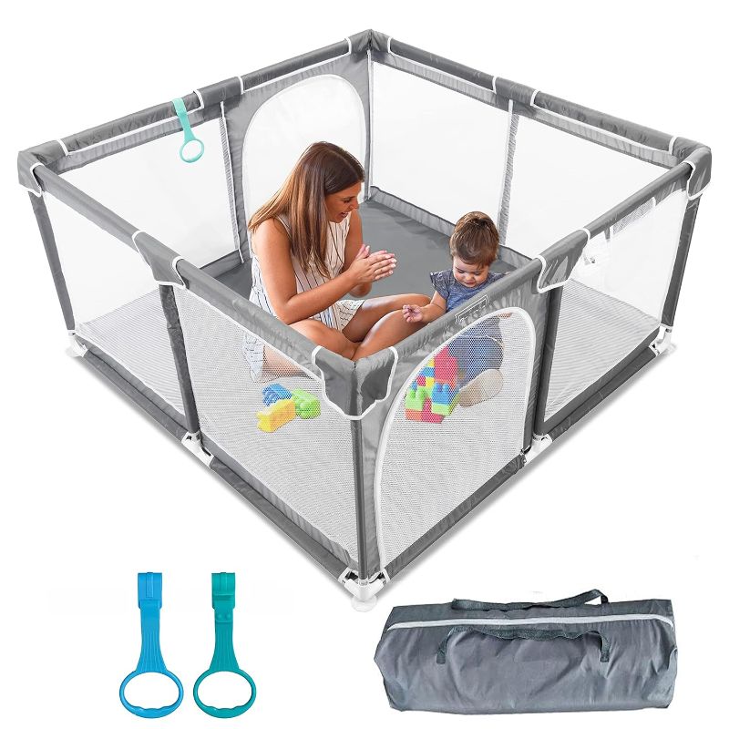 Photo 1 of Baby Playpen for Toddler, Kids Activity Center with Anti-Slip Base, Soft Breathable Mesh, Indoor & Outdoor Safety Play Yard with Kid's Fence,50"×50", Grey
