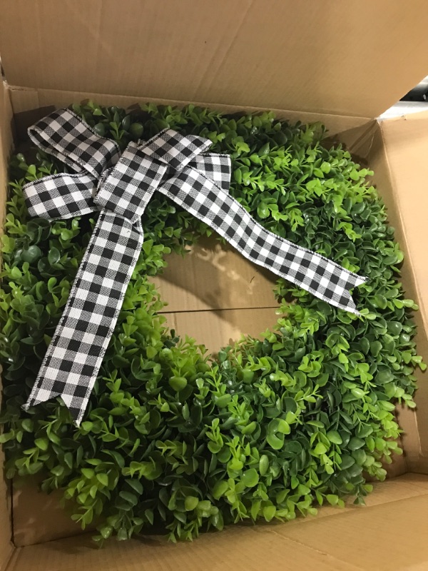 Photo 2 of 23" Faux Round Boxwood Wreath, Vlorart Artificial Boxwood Wreath Front Door Wreaths Artificial Spring Summer Greenery Hanging with A Plaid Bow for Front Door Wall Hanging Window Wedding Party Decor 23inch