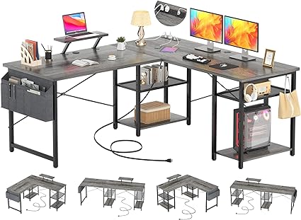 Photo 1 of Aheaplus L Shaped Desk with Outlet and USB Charging Ports, L-Shaped Desk with Storage Shelves Reversible Corner Computer Desk 2 Person Long Table with Monitor Stand Gaming Home Office Desk, Oak 