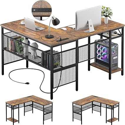 Photo 1 of Unikito L Shaped Computer Desk with Magic Portable 4 Power Outlets and USB Charging Ports, 55 Inch Reversible L-Shaped Corner Table with Storage Shelf, 2 Person Home Office Gaming Desk, Rustic Brown 