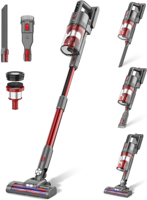 Photo 1 of Fykee Vacuum Cleaner, Cordless Vacuum Cleaner with 1.2L Dust Cup and 80,000 PRM Brushless Motor, Stick Vacuum Cleaner with Large Detachable Battery up to 35 mins Run Time (Red)