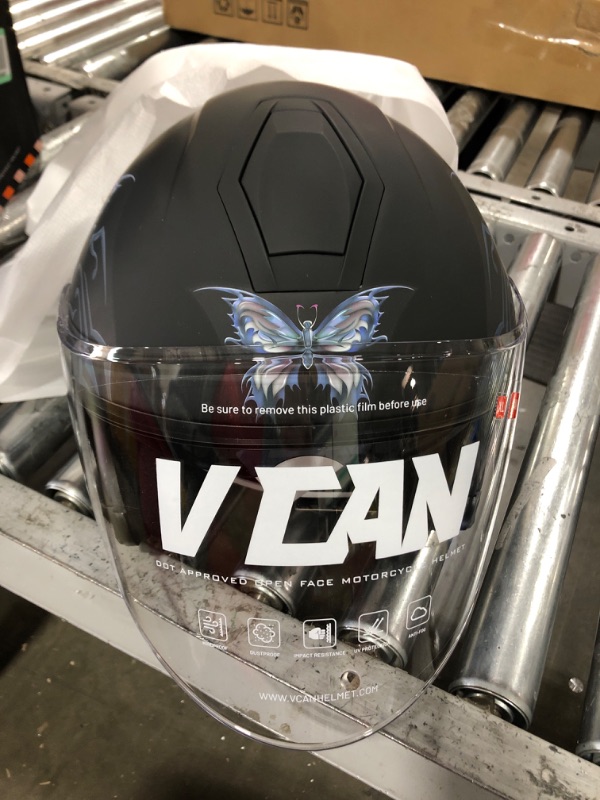 Photo 2 of VCAN V88 3/4 Open Face Motorcycle Scooter Helmet ECE & DOT Approved Matte Black Butterfly X-Small