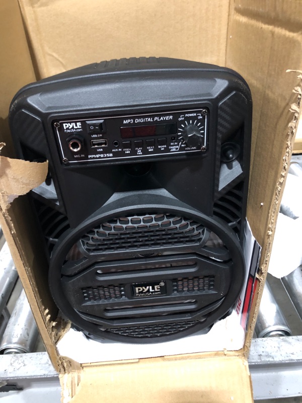 Photo 2 of Portable Bluetooth PA Speaker System - 300W Rechargeable Outdoor Bluetooth Speaker Portable PA System w/ 8” Subwoofer 1” Tweeter, Microphone In, Party Lights, MP3/USB, Radio, Remote - Pyle PPHP835B