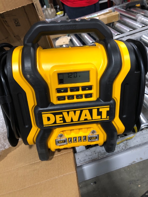 Photo 2 of DEWALT DXAEPS14 1600 is Peak Battery Amp 12V Automotive Jump Starter/Power Station with 500 Watt AC Power Inverter, 120 PSI Digital Compressor, and USB Power , Yellow