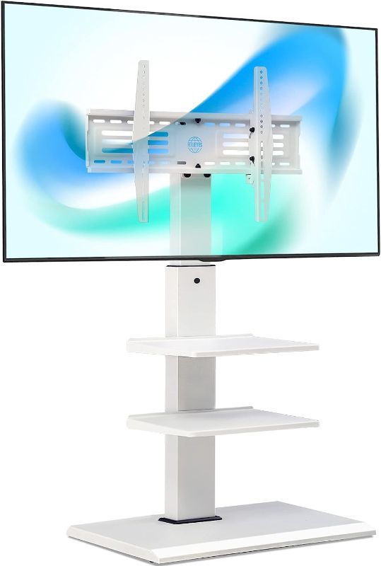 Photo 1 of FITUEYES Iron Base Universal Floor TV Stand Corner Swivel Tilt Mount for 32-75 Inch TVs with Height Adjustable Entertainment Shelves Wire Management (White)

