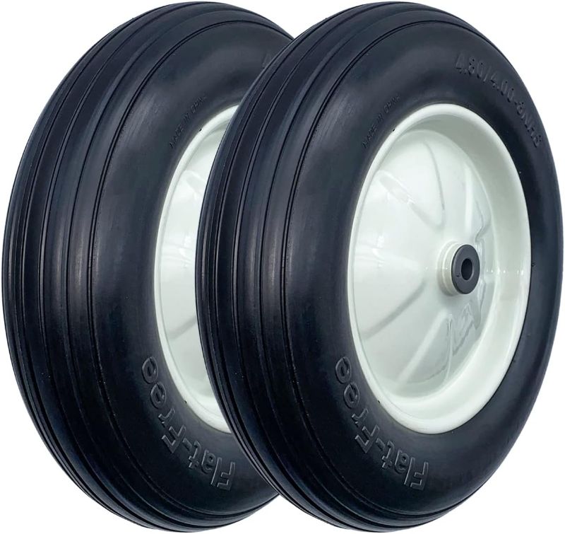 Photo 1 of 2-Pack of 4.80/4.00-8" Flat Free Tire on Wheel,16"Universal Solid Wheelbarrow Tire,3"Center Hub with 3/4" Bearings,Steel Rim,Ribbed Tread,for Wheelbarrows,Garden and Utility Carts,Trolleys 