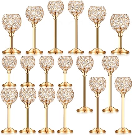 Photo 1 of 18 Pieces Crystal Candle Holders Bulk Candle Stick Holder Centerpieces for Table Wedding Centerpieces Crystal Decorative Tealight Candle Dining Table Candle Holder Decor for Party (Gold)