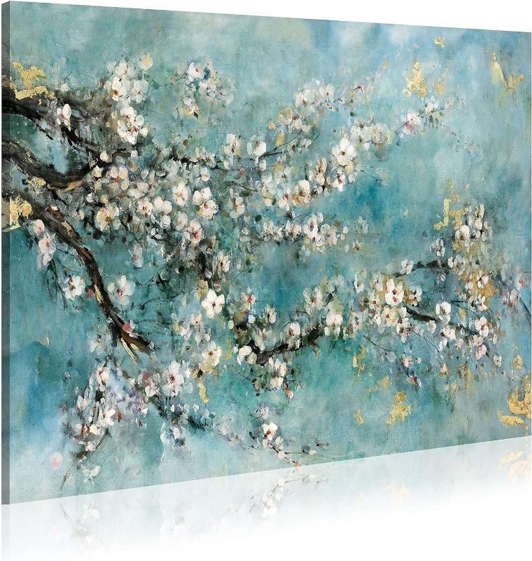 Photo 1 of 
Canvas Wall Art Abstract Flower: Teal Blossom Branch Painting White Dogwood Floral Artwork Gold Foil Modern Print Blue Green Botanical Elegant Picture