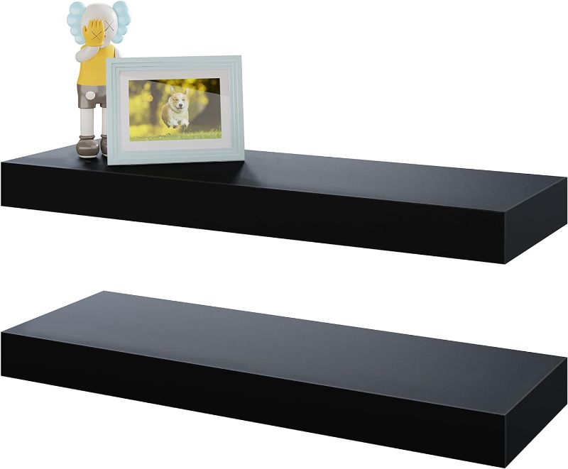 Photo 1 of 
BAMEOS Floating Shelves, Black Wall Mounted Wooden Shelves with Invisible Brackets Set of 2, Hanging Wall Shelves Decoration for Bedroom, Bathroom,