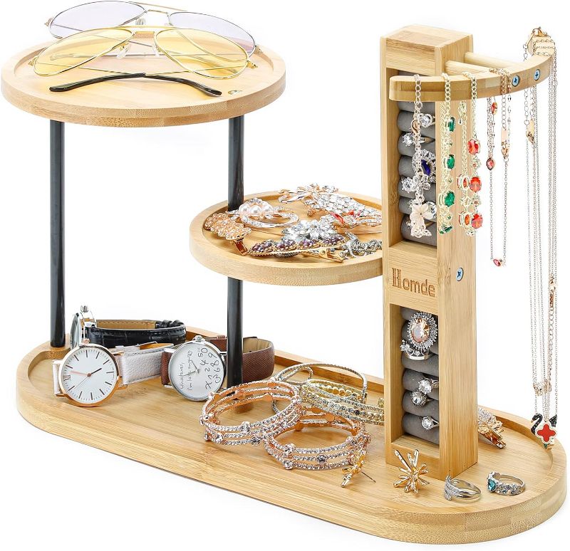 Photo 1 of 
Homde Bamboo Jewelry Organizer Stand Holder, 3-Tier Jewelry Tray with Ring Necklace Bracelet Hanging Countertop Display Earring Tower