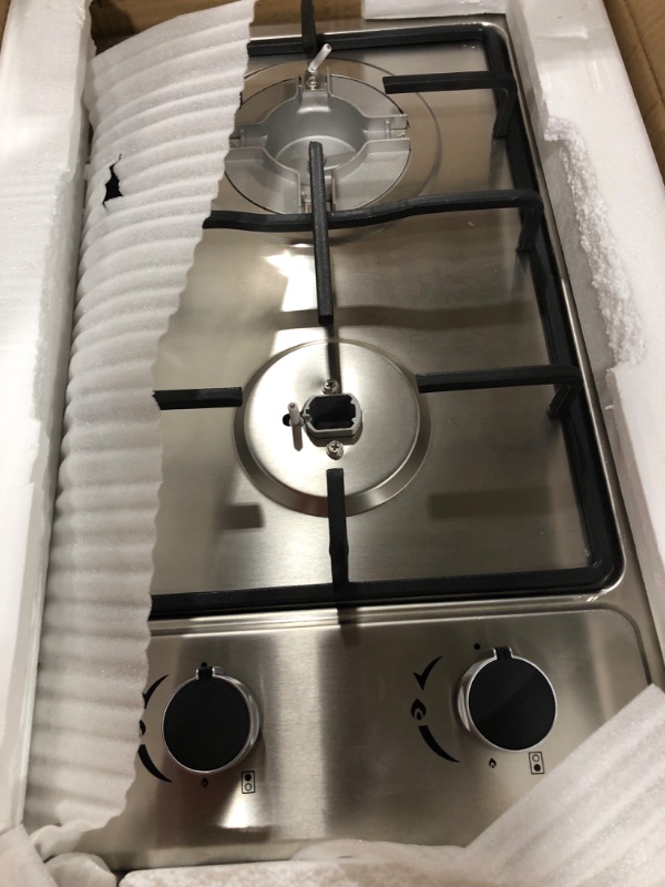 Photo 2 of 12" Gas Cooktops, 2 Burner Drop-in Propane/Natural Gas Cooker, 12 Inch Stainless Steel Gas Stove Top Dual Fuel Easy to Clean (12Wx20L)- damage shown in pictures 