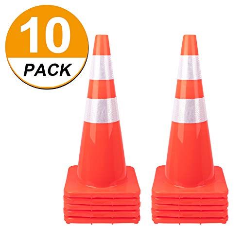 Photo 1 of [ 10 Pack ] 28" Traffic Cones PVC Safety Road Parking Cones Weighted Hazard Cones Construction Cones for Traffic Fluorescent Orange w/4" w/6" Reflective Strips Collar (10)
