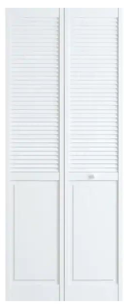 Photo 1 of 30 in. x 80 in. Solid Core Louver/Panel Pine White Wood Interior Closet Bi-fold Door

