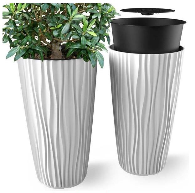 Photo 1 of 14 in. x 24 in. Toscana, Indoor/Outdoor Planter with Built-In Drainage, M-Resin, Large, White (2-Piece)
