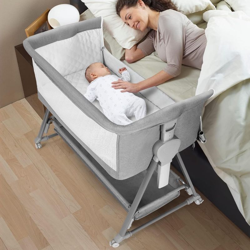 Photo 1 of Cowiewie Baby Bassinet, Beside Sleeper for Baby Easy Folding Bedside Bassinet with Storage Basket and Wheels to Reduce Mom's Fatigue (Dark Grey) 2023 New Light Heather Ash