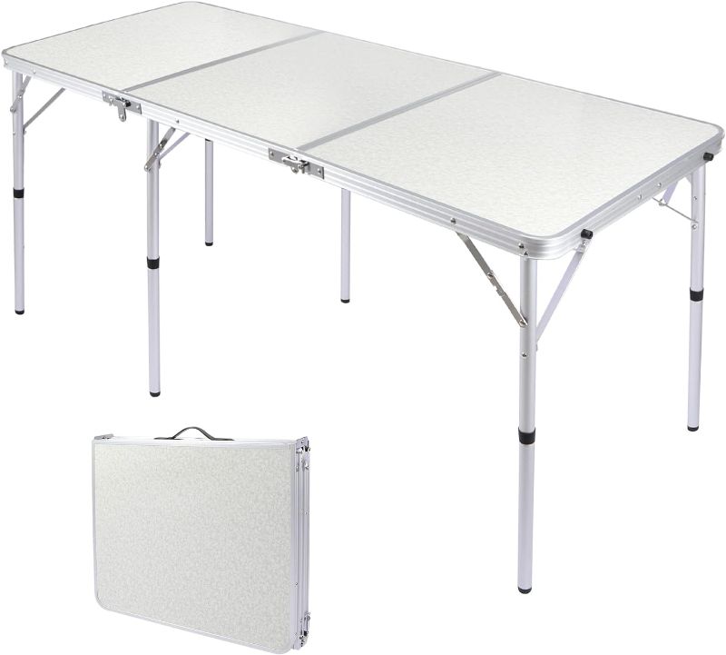 Photo 1 of RedSwing Tri-fold Folding Camping Table 5ft, Aluminum Outdoor Table with Adjustable Heights Legs, Portable Lightweight Small Camp Table for Picnic, Party, Beach, 60"x24", White
