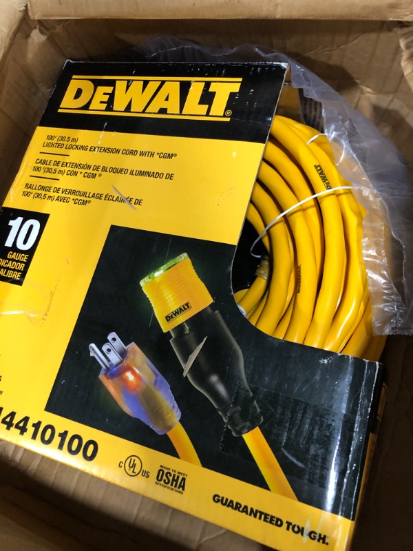 Photo 2 of DEWALT 100 Foot Extension CordLighted Click-to-Lock 10/3 SJTW -Heavy Duty Outdoor, Waterproof, Weatherproof, Heat & Corrosion Resistant Industrial Strength Light Up Three Prong Outlet Plug Power Cord 100 ft