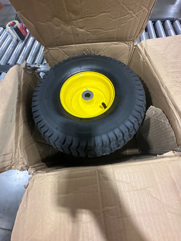 Photo 2 of (2 Pack) AR-PRO Exact Replacement 15" x 6.00 - 6" Front Tire and Wheel Assemblies for John Deere Riding Mowers - Compatible with John Deere 100 and D100 Series - 3” Hub Offset and 3/4” Bushings 15" x 6.00-6" Yellow