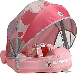Photo 1 of 2023 New Mambobaby Swim Float with Baby Stroller Canopy Mambo Baby Pool Float Non Inflatable Solid Infant Baby Float Ring with Tail for Baby Infant Aged 3-24 Months