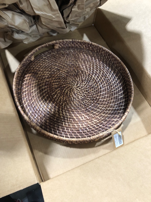 Photo 2 of 16.9 inch Rattan Tray, Round Wicker Tray with Cut-Out Handles, Woven Serving Tray for Dining/Coffee Table 16.9 inch (43cm)