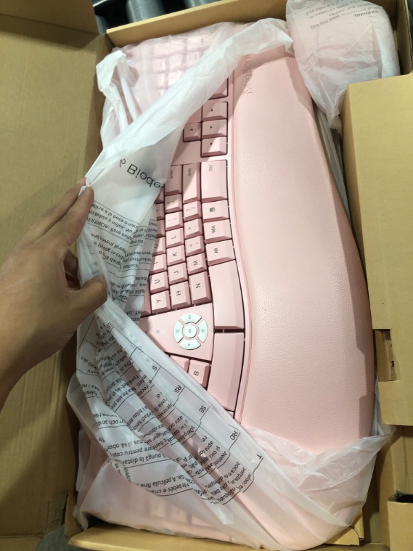 Photo 3 of MEETION Ergonomic Wireless Keyboard and Mouse, Ergo Keyboard with Vertical Mouse, Split Keyboard with Cushioned Wrist Palm Rest Natural Typing Rechargeable Full Size, Windows/Mac/Computer/Laptop, Pink Large Pink