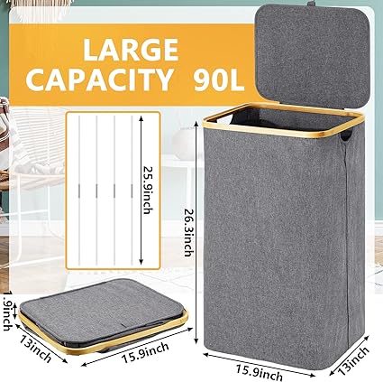 Photo 1 of  Laundry Hamper with Lid Foldable Laundry Basket with Bamboo Handles Portable Clothes Basket with Removable Bag for Dorm Bedroom Bathroom Laundry Dirty Clothes Hamper