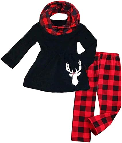 Photo 1 of 3Pcs Toddler Baby Girl Long Sleeve Reindeer T-Shirt Dress Top+Plaid Pant with Scarf Christmas Outfit Set 1-2t