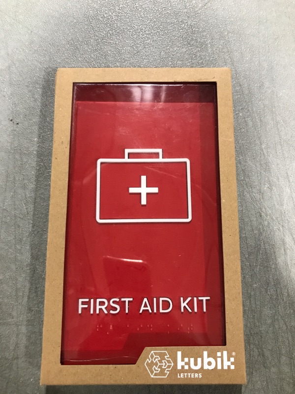 Photo 2 of Kubik Letters First Aid Kit Sign, ADA Compliant Modern Design Sign with Grade 2 Braille for First Aid Kit Location with 3M Double Sided Tape First Aid Kit (Red Satin)