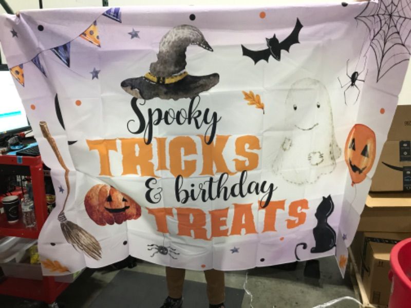 Photo 2 of MEHOFOND 7x5ft Halloween Spooky Tricks and Birthday Treats Boy Girl Birthday Autumn Pumpkin Party Background Banner for Cake Table Decor Photo Booth Photography Backdrop Props Supplies