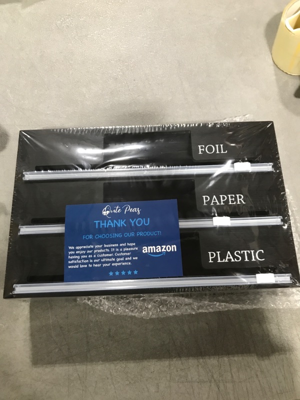 Photo 2 of 3 in 1 Bamboo Foil and Plastic Wrap Organizer - Plastic Wrap Dispenser with Cutter for Plastic Wrap, Alumunium Roll & Wax Paper, Fits 12" Roll (Black)