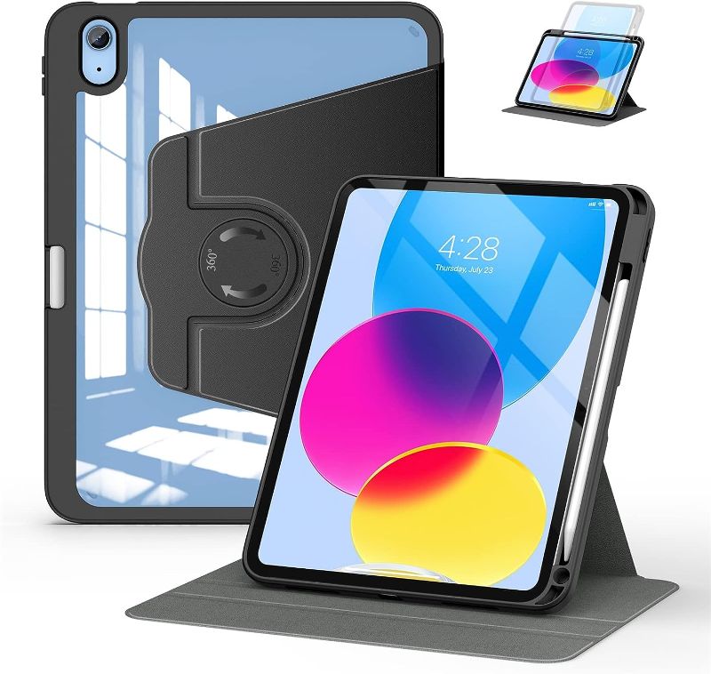 Photo 1 of Soke Rotating Case for iPad 10th Generation 10.9-Inch 2022 with Pencil Holder - 360 Degree Rotate Stand Protective Case with Clear Back & Smart Sleep/Wake Cover - Black https://a.co/d/eAFAs5B