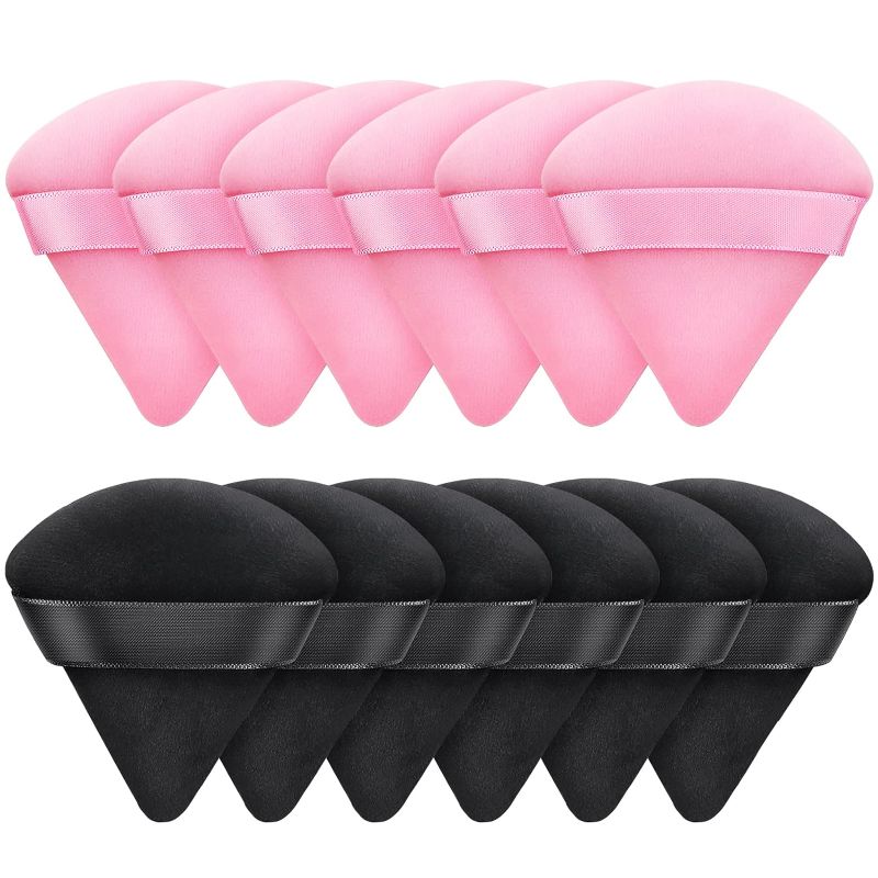 Photo 1 of 12 PCS Powder Puff Triangle Makeup Puffs for Loose Setting Powder Face Body, Foundation Blender Velour Setting Powder Puff, Super Soft Eye Makeup Wedges Beauty Tools (6 Black 6 Pink)
