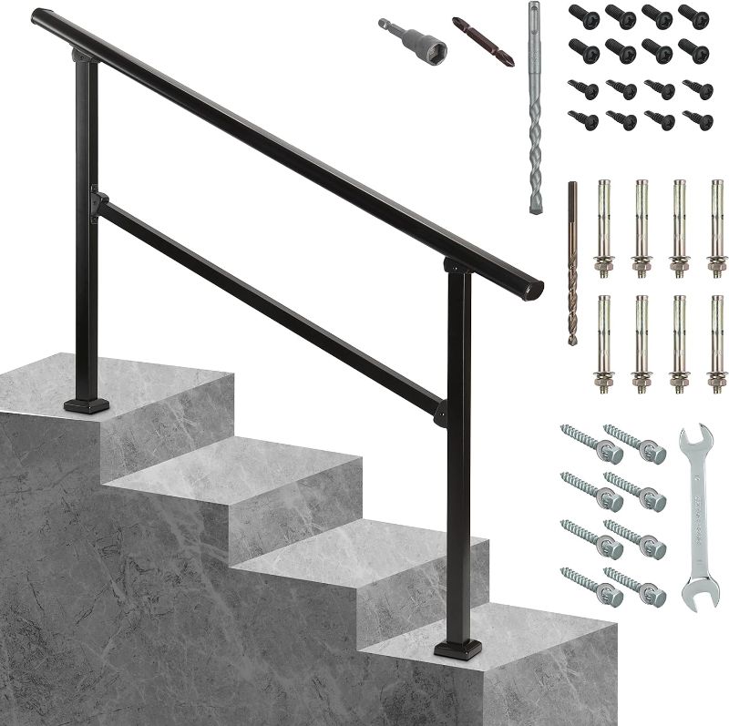 Photo 1 of 2B-GARDEN Handrails for Outdoor Steps, 4 Steps Outdoor Stair Railing Fits 3 to 4 Steps with Flexible/Ajustable Height, Safety Wrought Iron Stair Handrail with Installation Kit for Concrete/Wood/Brick

