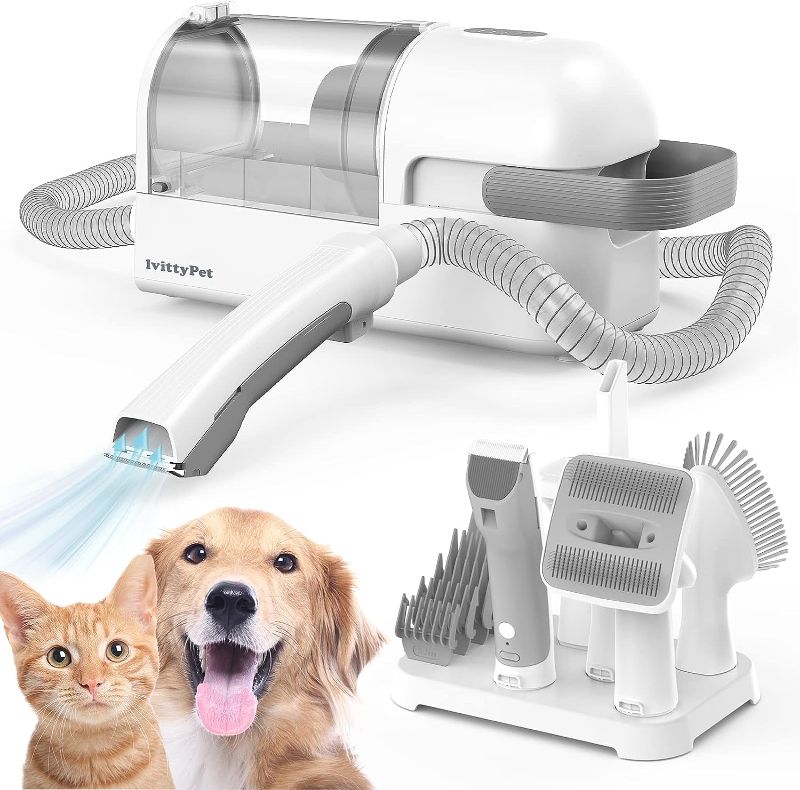 Photo 1 of lvittyPet Dog Grooming Kit & Pet Hair Vacuum(Low Noise) Pet Grooming Vacuum with Powerful Suction 1.8L,5 Pet Grooming Tools for Dogs Vacuum for Shedding Grooming (White)
