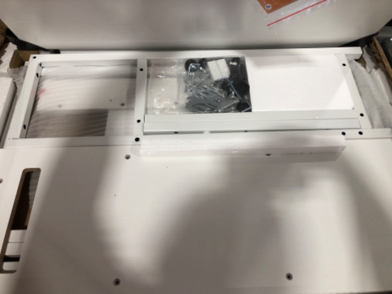 Photo 4 of ODK 40 Inch Small L Shaped Gaming Computer Desk with Power Outlets, Reversible Storage Shelves & PC Stand for Home Office Workstation, Modern Simple Writing Study Table with Storage Bag, White White 40 inch